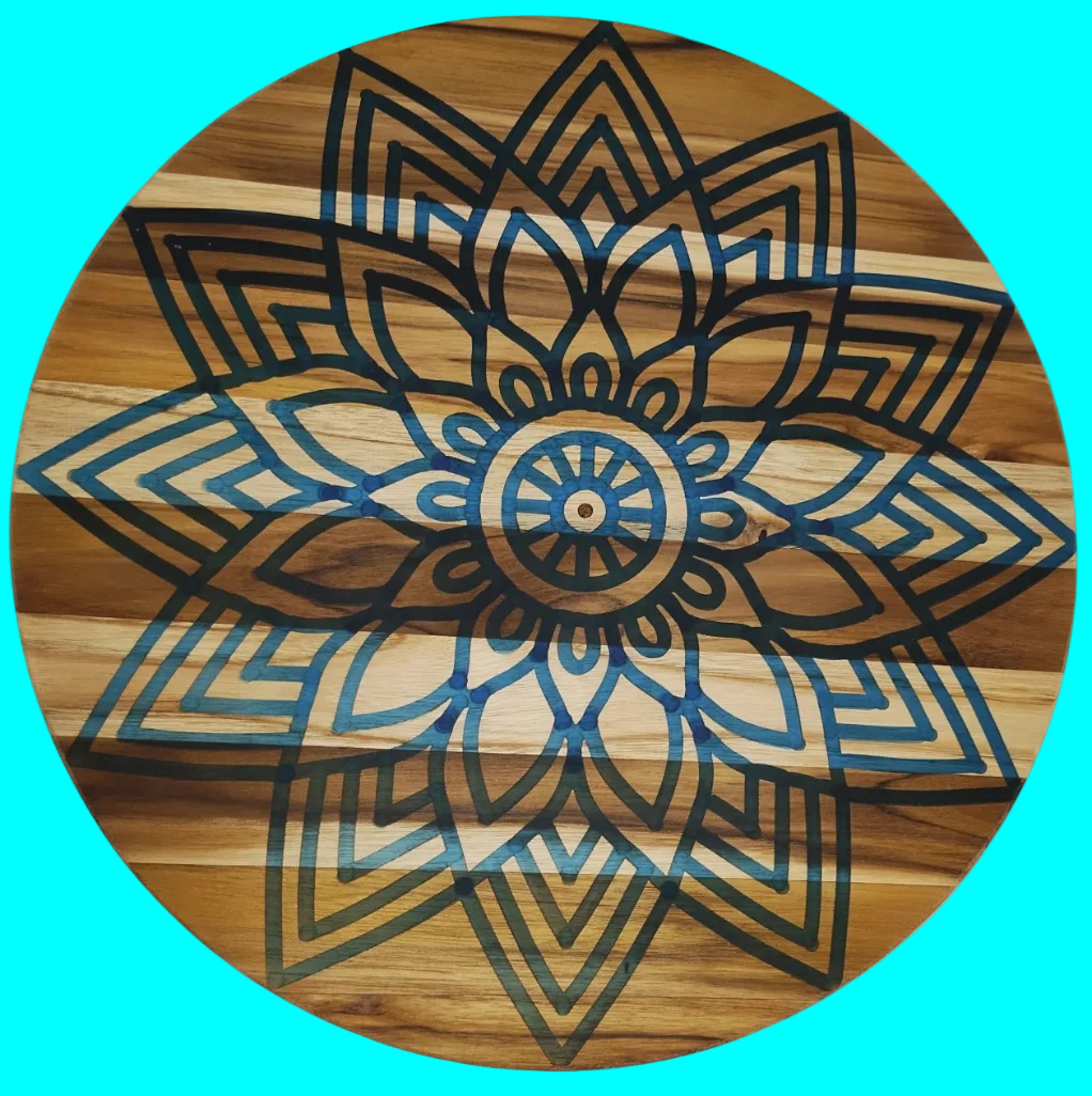 15" Mandala epoxy inlay - clock or stool top in Teak