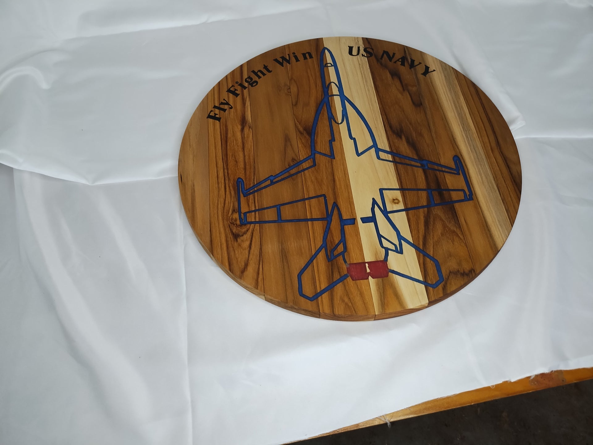 US Navy F-18 Super Hornet Inlay in 15" Round Teak