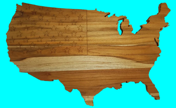 3D Carved Wavy US Flag Stars and Stripes in Teak